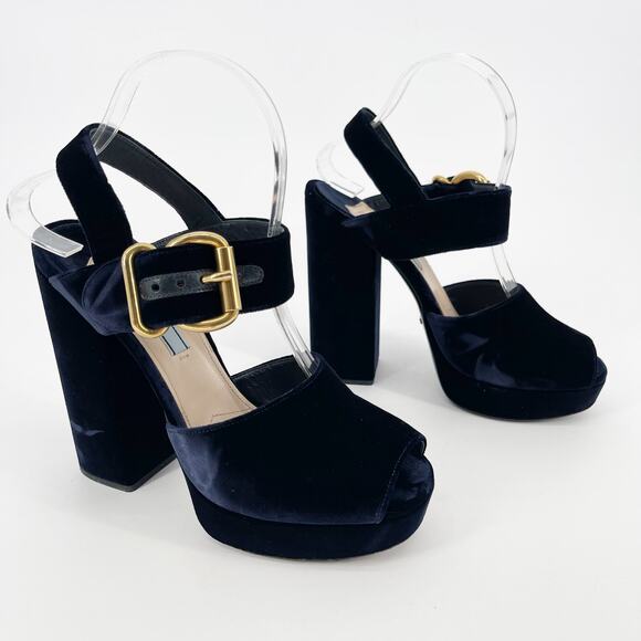 Prada Deep Navy Blue Velvet Block Heel Buckle Chunky Platform Sandal IT 38.5 - Picture 2 of 13
